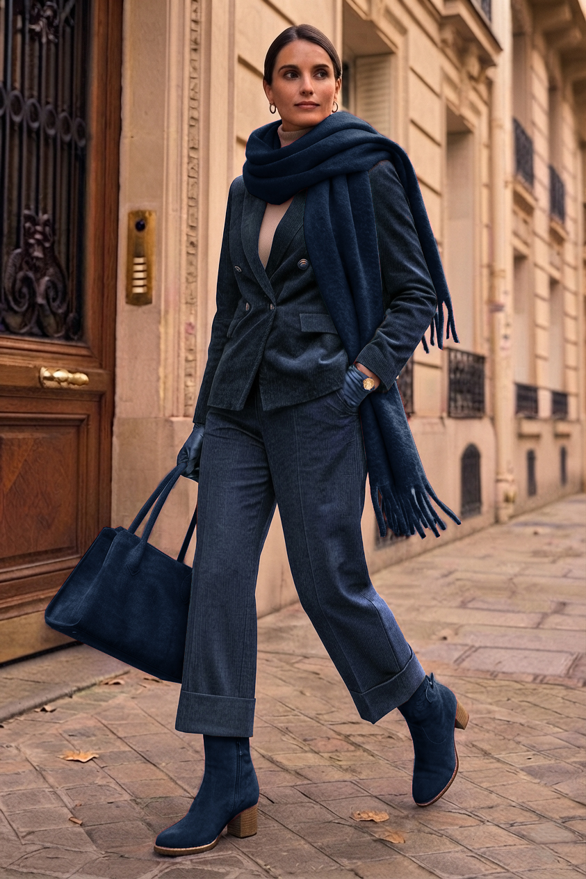 Women's navy blue side-buckle ankle boots with round toe and mid block heel - Worn view
